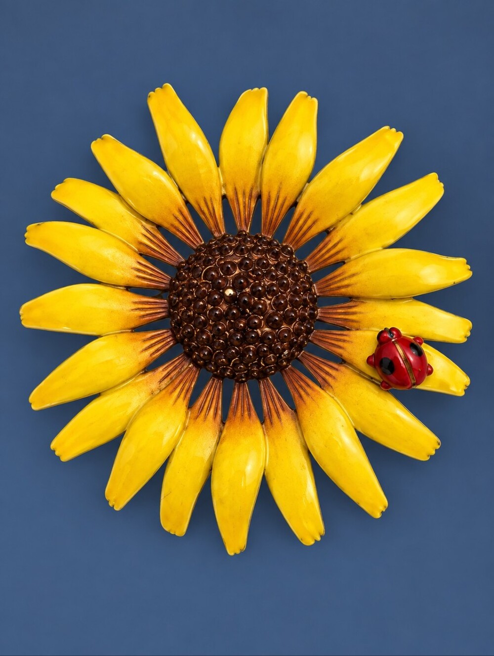 Vtg HEDY Canary Yellow Sunflower Ladybug Painted Metal Brooch